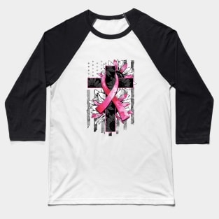 Breast Cancer ribbon with Cross & Flag Baseball T-Shirt